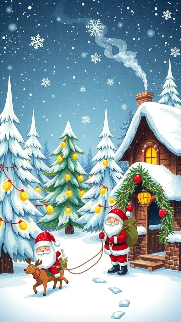 Festive Christmas Wallpaper Drawing A festive Christmas wallpaper drawing with Santa, reindeer, snowflakes, and a cozy cabin.